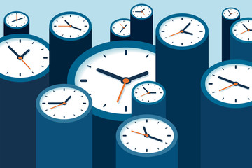 3d Clock icons in flat style, timers on blue background. Time management. More watch. Business vector illustration for you presentation