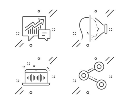 Accounting, Face id and Music making line icons set. Share sign. Supply and demand, Phone scanning, Dj app. Follow network. Technology set. Line accounting outline icon. Vector