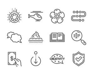 Set of Business icons, such as Confirmed, Methodology, Search text, Creativity, Scroll down, Education, Skin care, Gear, Natural linen, Helicopter, Messenger, Receive money line icons. Vector