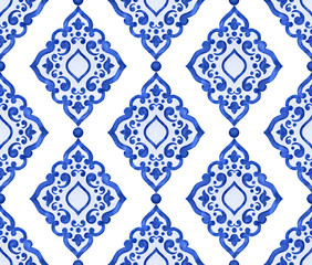 Watercolor blue tile pattern - 286138779
