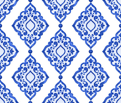 Watercolor blue tile pattern