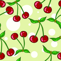 Vector seamless pattern with cherries on beige background. Good for printing. Wallpaper and fabric design. Wrapping paper pattern.