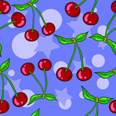 Vector seamless pattern with cherry, cherries on blue background with circles. Wallpaper, textile and fabric design. Good for printing. wrapping paper pattern. Cute pattern.