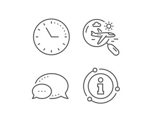 Airplane travel line icon. Chat bubble, info sign elements. Search trip flight sign. Holidays symbol. Linear search flight outline icon. Information bubble. Vector