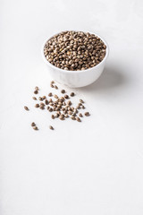 Raw organic unrefined hemp seeds in small white bowl on white concrete background.