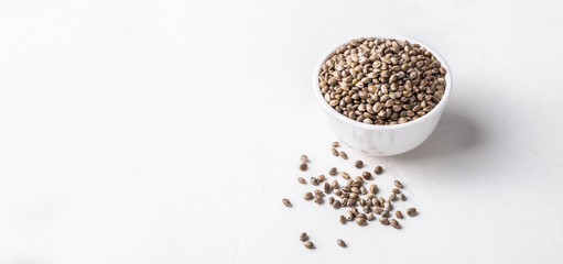 Raw organic unrefined hemp seeds in small white bowl on white concrete background.