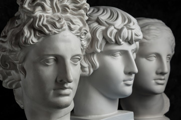 Gypsum copy of ancient statue Apollo, Antinous and Venus head on dark textured background. Plaster...