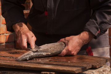 adult man cuts salmon fish. Rough, overworked male hands of a fisherman closeup. production of red caviar. preparation for eating northern marine red fish. peeling and butchering pink salmon fish. 