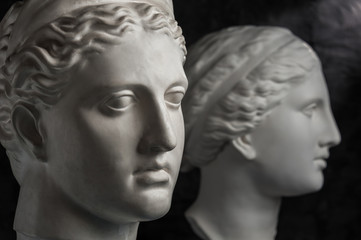 Gypsum copy of ancient statue Venus and Diana head on dark textured background. Plaster sculpture...