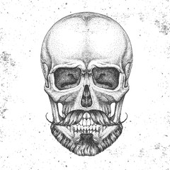 Hand drawing hipster skull illustration on grunge background. Hipster style