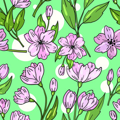 Vector seamless pattern with flower on green background. Good for printing. Wallpaper and fabric design. Cute wrapping paper pattern. Floral pattern.