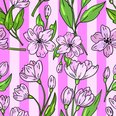 Vector seamless pattern with flower, blossoms on pink background. Wallpaper, textile and fabric design. Good for printing. wrapping paper pattern. Cute pattern.