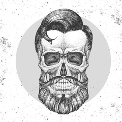 Hand drawing hipster skull illustration on grunge background. Hipster fashion style