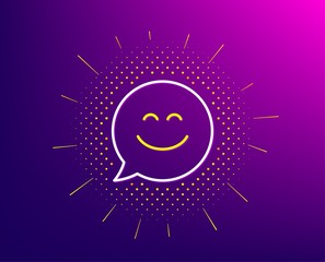 Smile chat line icon. Halftone pattern. Happy emoticon sign. Speech bubble symbol. Gradient background. Smile chat line icon. Yellow halftone pattern. Vector