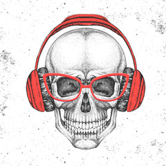Hand drawing hipster illustration of skull with headphones on grunge background. Hipster fashion style
