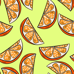 Seamless vector pattern with orange parts or slice on yellow background.Good for printing. Wallpaper, textile or fabric design. Wrapping paper pattern. Cute design. 