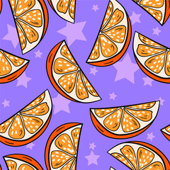 Vector seamless pattern with orange slice on purple background. Wallpaper and fabric design. Good for printing. Cute wrapping paper pattern.