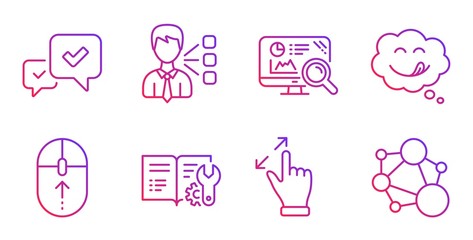 Touchscreen gesture, Engineering documentation and Third party line icons set. Approve, Yummy smile and Swipe up signs. Seo analytics, Integrity symbols. Zoom in, Manual. Technology set. Vector