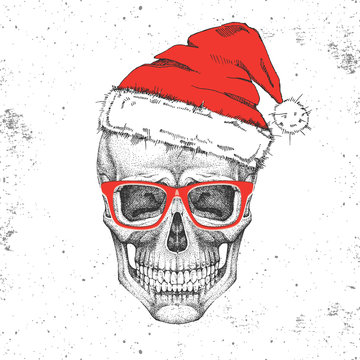 Hand drawing hipster illustration of skull with new year hat on grunge background. Hipster fashion style