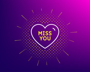 Miss you line icon. Halftone pattern. Sweet heart sign. Valentine day love symbol. Gradient background. Miss you line icon. Yellow halftone pattern. Vector