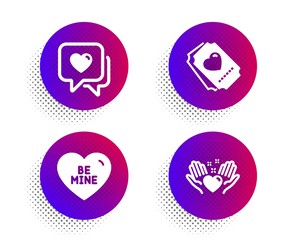 Heart, Be mine and Love ticket icons simple set. Halftone dots button. Hold heart sign. Love chat, Friendship. Love set. Classic flat heart icon. Vector