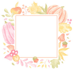 Square frame with various autumn elements. Maple, oak, apples, pumpkin, mushrooms. Can be used as invitation, card, poster, flyer. Place for your text
