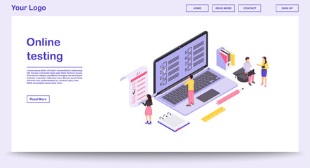 Online testing webpage template with isometric illustration