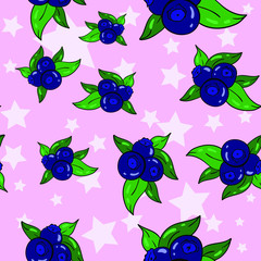 Seamless pattern with blueberry on pink background with stars. Good for printing. Wallpaper and fabric design. Wrapping paper patter.