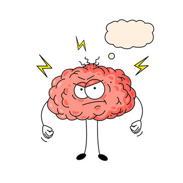 Cute human cartoon brain is angry on white background. Funny vector illustration.