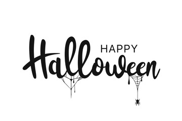 Happy Halloween lettering. Handwritten calligraphy with spider web for greeting cards, posters, banners, flyers and invitations. Happy Halloween text, holiday background