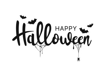 Happy Halloween lettering. Handwritten calligraphy with spider web and bats for greeting cards, posters, banners, flyers and invitations. Happy Halloween text, holiday background - obrazy, fototapety, plakaty