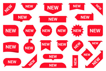 Set of new stickers, sale tags and labels. Shopping stickers and badges for merchandise and promotion, special offer, new collection, discount etc. Red labels for web banners in different shapes