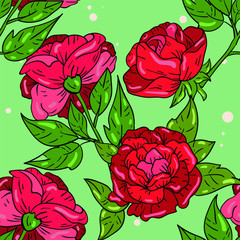 Seamless vector pattern with red rose on green background. Wallpaper and fabric design. Good for printing. Wrapping paper pattern.