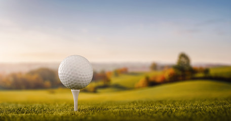 Close up of a golf ball at the golf course tee with copy space - obrazy, fototapety, plakaty