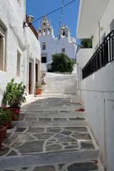 Fototapeta na wymiar White steps leading to Panagia Filotitissa Greek Orthodox church, Filoti, Naxos, Greek Islands 