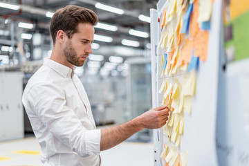 Businessman organizing adhesive notes on a board in a factory