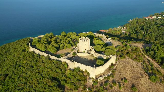 Aerial drone video of iconic and unique medieval castle and Bourtzi tower of Methoni in the heart of Messene, Peloponnese, Greece