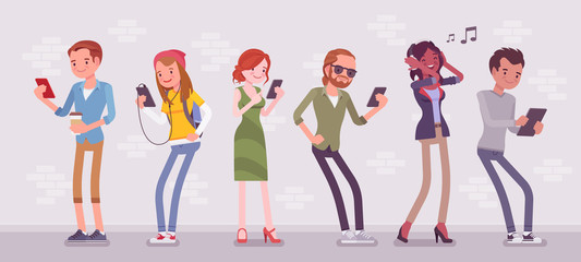 Young people with gadgets standing using smartphone to call, play games, watch movies, listen to music, communicate with friends via text messages, video chats. Vector flat style cartoon illustration