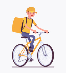 Bicycle delivery boy. Courier service worker riding a bike delivers food, order or parcel to customer, online ordering city shipping. Vector flat style cartoon illustration isolated, white background