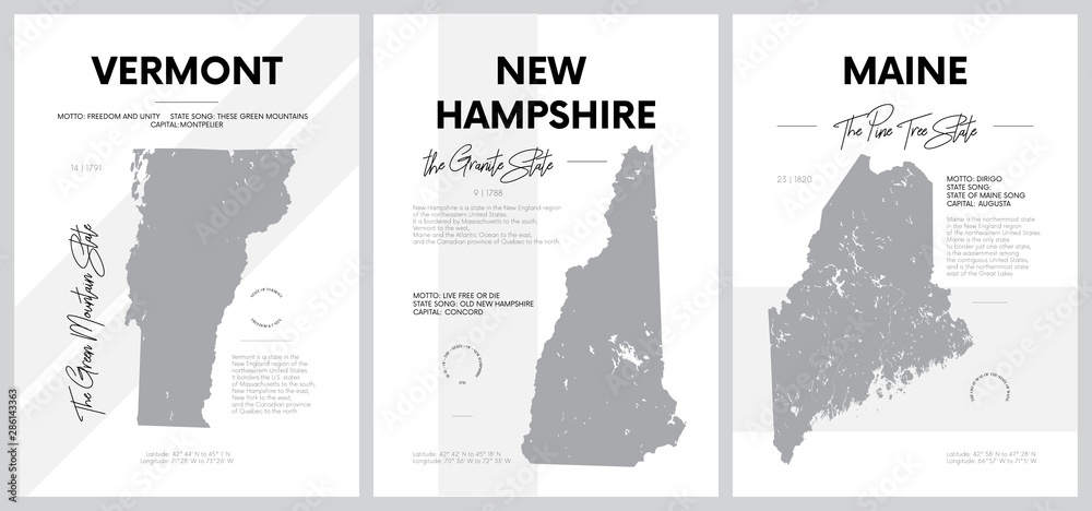 Poster vector posters with highly detailed silhouettes of maps of the states of america, division new engla