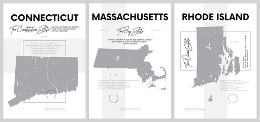 Vector posters with highly detailed silhouettes of maps of the states of America, Division New England - Connecticut, Massachusetts, Rhode Island - set 2 of 17