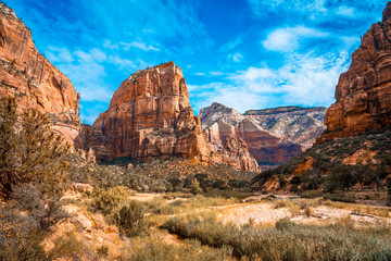 The trekking mountain of Angels Landing Trail in Zion National Park seen from the river, Utah. United States