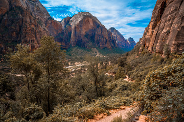 The mid-rise views of the Angels Landing Trail trekking in Zion National Park, Utah. United States