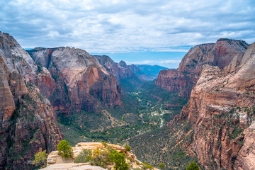 The Zion Canyon seen from the Angels Landing Trail up the mountain in Zion National Park, Utah. United States