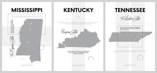 Vector posters with highly detailed silhouettes of maps of the states of America, Division East South Central - Mississippi, Kentucky, Tennessee - set 11 of 17