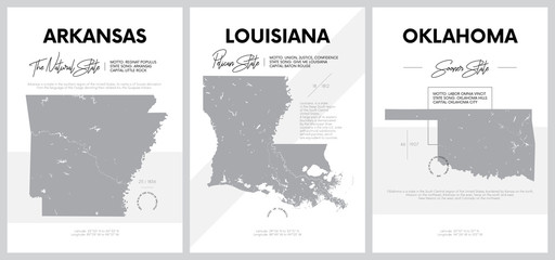 Vector posters with highly detailed silhouettes of maps of the states of America, Division West South Central - Arkansas, Louisiana, Oklahoma - set 12 of 17