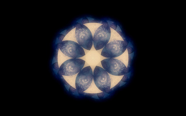 fantastic abstract symmetrical flower with petals consisting of a variety of geometric shapes of different colors on a black background