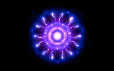 fantastic abstract symmetrical flower with petals consisting of a variety of geometric shapes of different colors on a black background