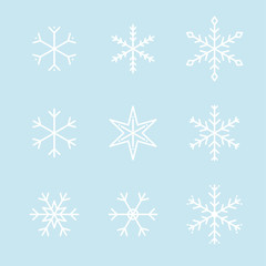 Fototapeta na wymiar Simple snowflakes vector flat icons set. Winter outline stroke illustration for motion graphics shape animation. Freeze water ice