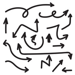 Set of vector arrows hand drawn. Direction in sketch style. Collection of pointers isolated